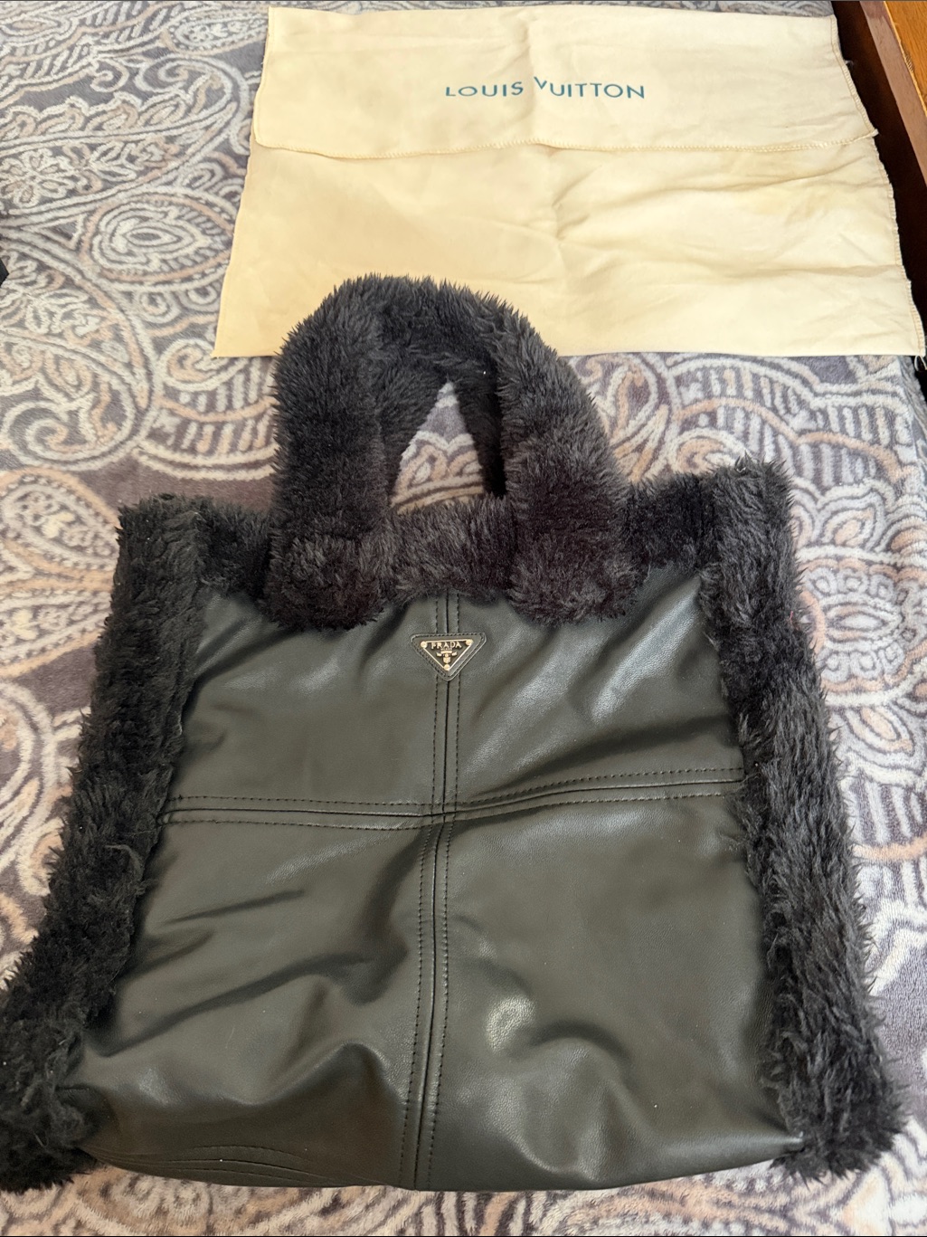Prada Black Shearling-Trim Leather Tote